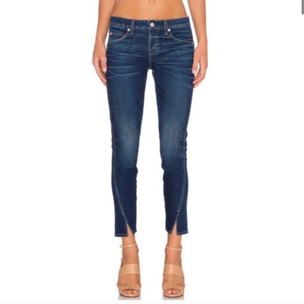 AMO Twist Jeans Mid-Rise Cropped Ankle Length Dark Wash Size 30 Split Hen